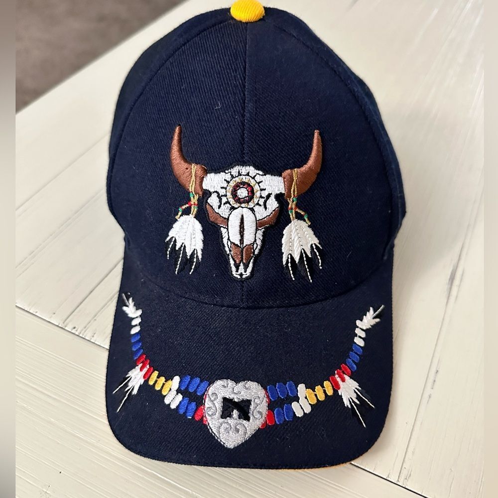 Native Pride Embroidered Buffalo Skull Cap Embroidered Beads Embellished